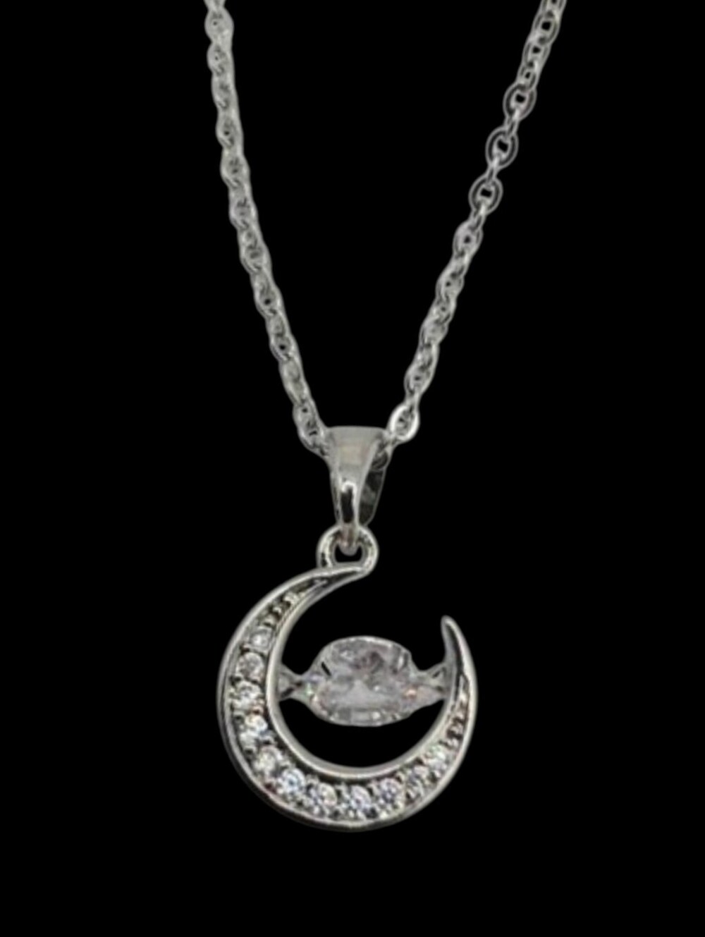 ✨ Titanium Steel CZ Crescent Moon Floating Dancing Stone Necklace Silver ✨
